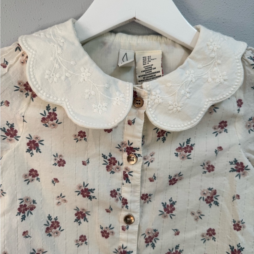 Joie Girls Floral Scalloped Embroidered Collar Blouse Top Cream Metallic 5T‎